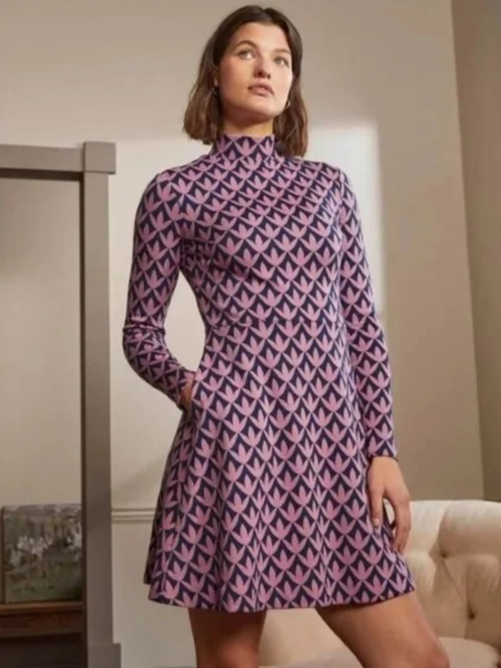 NWT Boden High Neck Jacquard Dress Dust Cloud Pink Petal Geo Womens Size 10